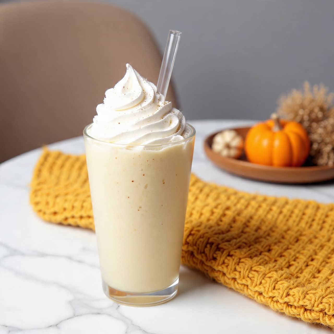 The image shows a tall clear glass filled with a creamy light yellow smoothie. On top of the smoothie, there is a large swirl of white whipped cream with some small bits sprinkled on it. A transparent straw sticks out from the whipped cream. The glass is placed on a white marbled surface next to a soft, textured mustard yellow knit cloth. The background includes a blurred chair and a small tray with a few small decorative pumpkins and a dried flower arrangement. Photo taken with an iphone --ar 4:5 --v 7