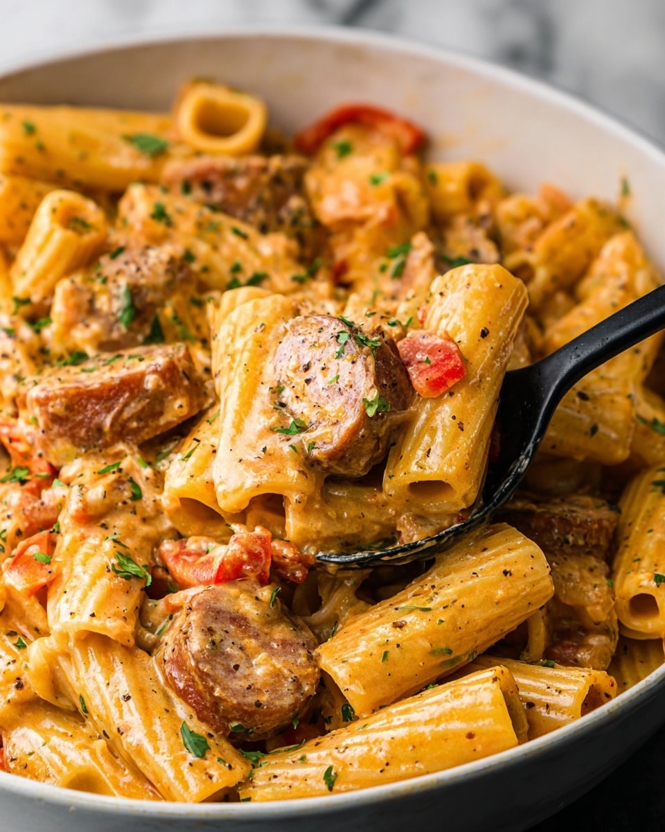 A white pan holds creamy pasta with rigatoni noodles, coated in a rich orange sauce that looks smooth and thick. There are pieces of sliced sausage that are browned and slightly shiny, mixed evenly with small bits of red bell pepper. The dish is sprinkled with finely chopped green herbs and black pepper for contrast. A black slotted spoon is lifting some pasta from the pan, showing the sauce clinging to the noodles and sausage pieces, all on a white marbled surface. Photo taken with an iphone --ar 4:5 --v 7