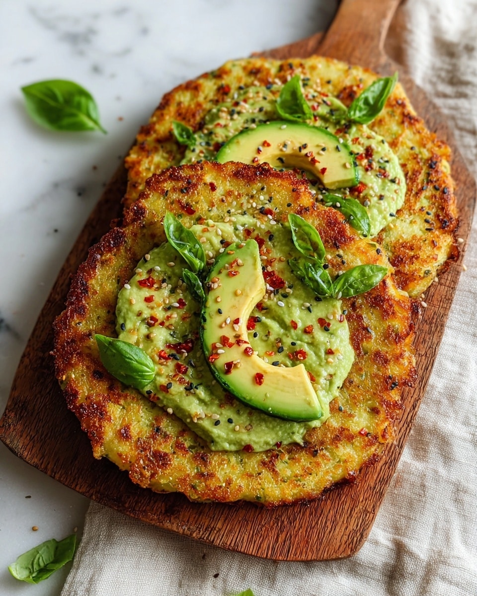 Two round flatbreads sit on a wooden board over a white marbled surface. Each flatbread has a crispy, golden-brown crust as the base layer. On top, there is a thick layer of creamy mashed avocado spread evenly. Next, thin slices of fresh avocado are arranged in a circular pattern covering the flatbreads. Small red chili flakes and black sesame seeds are sprinkled on the surface, along with a few fresh green basil leaves for garnish. The edges of the flatbreads look slightly crisp and browned. Photo taken with an iphone --ar 4:5 --v 7