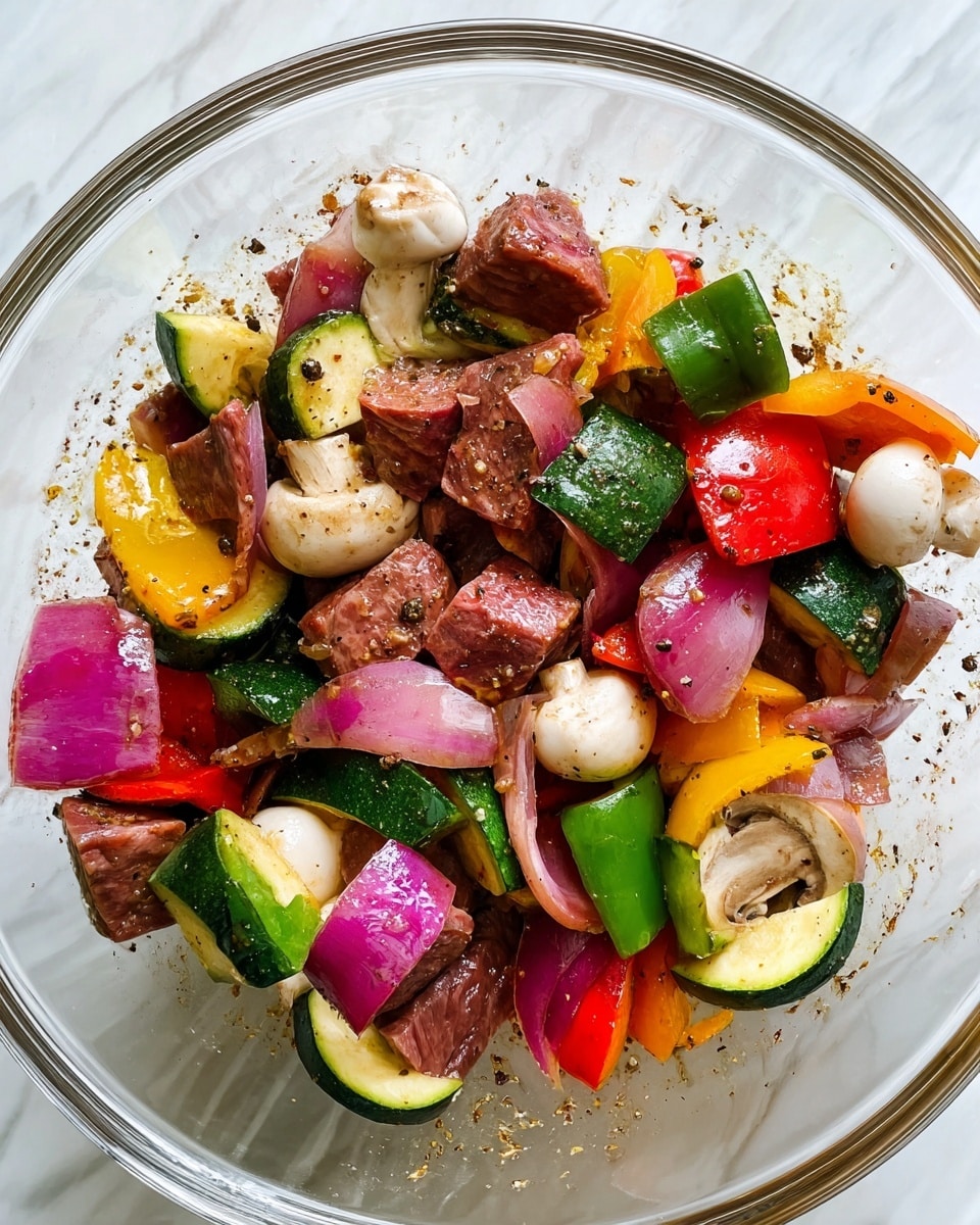 A clear bowl holds a colorful mix of vegetables and meat chunks. The mix shows layers of green, red, and yellow bell peppers with shiny, smooth skin, pieces of red onion with purple outer skin and white inside, thick slices of zucchini with dark green edges and light green centers, whole small white mushrooms with light brown spots, and medium-sized brown meat chunks with a slightly shiny surface. All the ingredients are mixed well and have a light coating of sauce with small black pepper flakes spread around the bowl's inside. The bowl sits on a white marbled surface. photo taken with an iphone --ar 4:5 --v 7