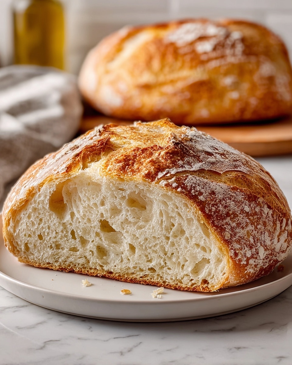 The image shows several slices of rustic bread with a golden brown, cracked crust and a light dusting of flour on top. The bread's inside is soft and airy with large and small holes scattered throughout, giving it a spongy texture. The slices are stacked slightly overlapping on a white marbled surface, with more whole loaves blurred in the background. The warm tones of the crust contrast with the creamy white interior, highlighting the freshness and texture of the bread. photo taken with an iphone --ar 4:5 --v 7