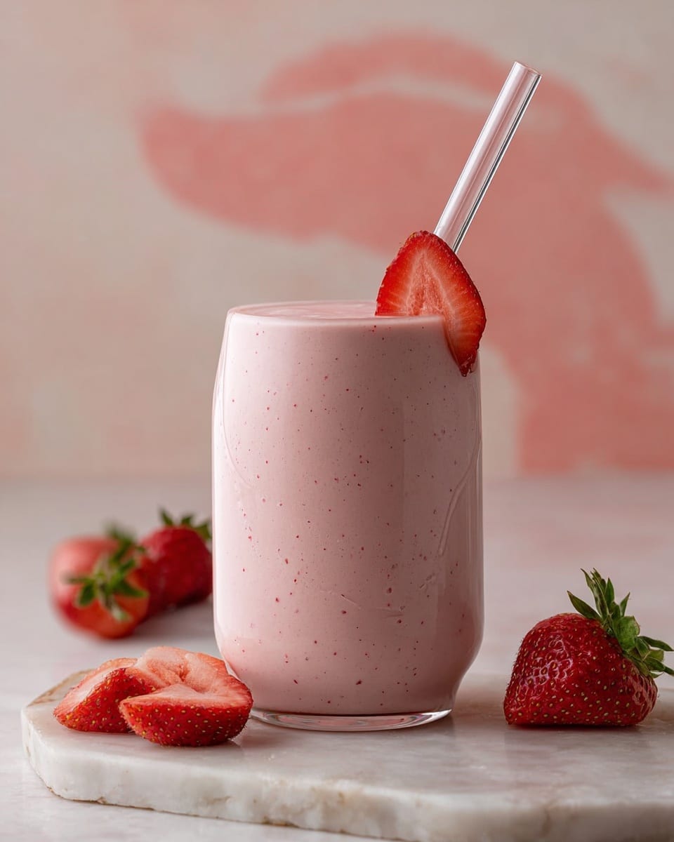 A clear glass shaped like a soda can holds a light pink strawberry smoothie with small darker pink specks. The smoothie fills the glass, topped with a thin slice of red strawberry with its green tip on the surface. A clear straw with pink smoothie inside angles out from the glass. The glass sits on a white marbled surface next to whole and sliced fresh strawberries, showing vibrant red and green colors. In the background, a soft pink blurred shape mirrors the smoothie color, adding depth. photo taken with an iphone --ar 4:5 --v 7