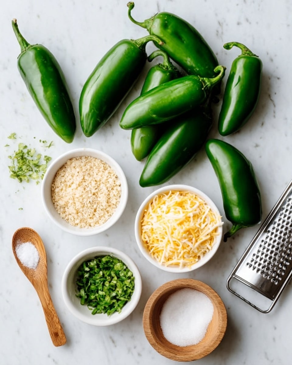 The image shows a white marbled surface with several fresh green jalapeño peppers spread out on the top left side. Below and to the right are small white bowls arranged in a loose semicircle: one bowl filled with finely chopped green herbs, another with light brown breadcrumbs, and a third holding finely shredded yellow cheese. There is a small wooden spoon with white salt and a small wooden container with a scoop of white powder, likely baking soda or baking powder. A metal grater is placed on the right edge of the frame near the bowls. The overall colors are bright greens, light yellows, and natural wood tones on a clean white marbled background. photo taken with an iphone --ar 4:5 --v 7