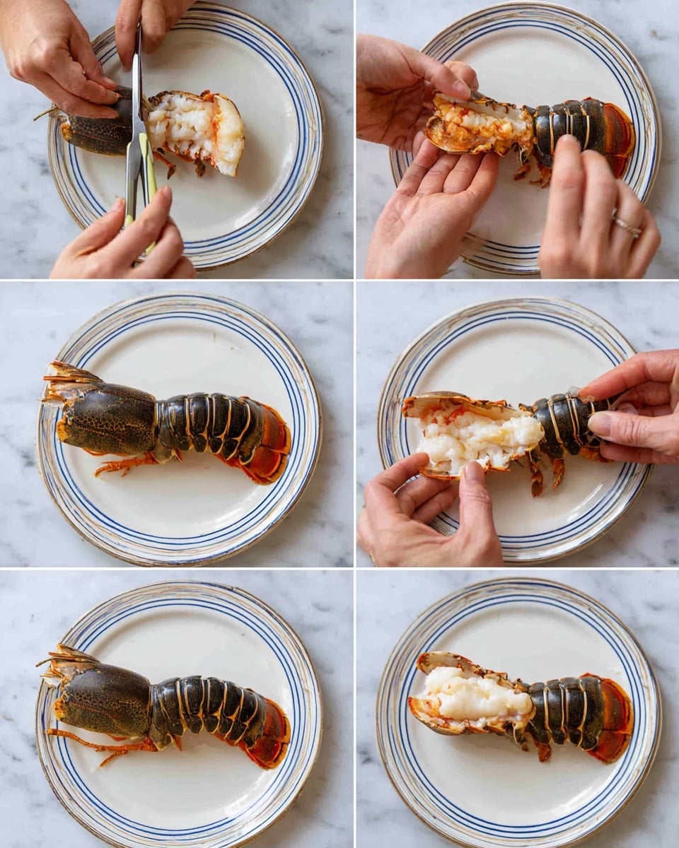 A sequence of six photos shows a lobster tail dish being prepared on a white plate with blue rings around the edge, placed on a white marbled surface. In the first photo, a woman's hand holds scissors cutting down the middle of a dark brown lobster shell with orange edges. In the second photo, two woman's hands pull the shell apart to reveal the pale lobster meat inside. The third photo shows a woman's hands freeing the lobster meat from the shell sections along the tail. The fourth photo shows the meat almost fully separated from the shell while still attached at the base. In the fifth photo, a woman's hand lifts the whole pale lobster meat from the shell which lies flat on the plate. The final photo shows the cleaned lobster tail placed back on top of the empty shell, with the meat a creamy white color with hints of pink. Photo taken with an iphone --ar 4:5 --v 7