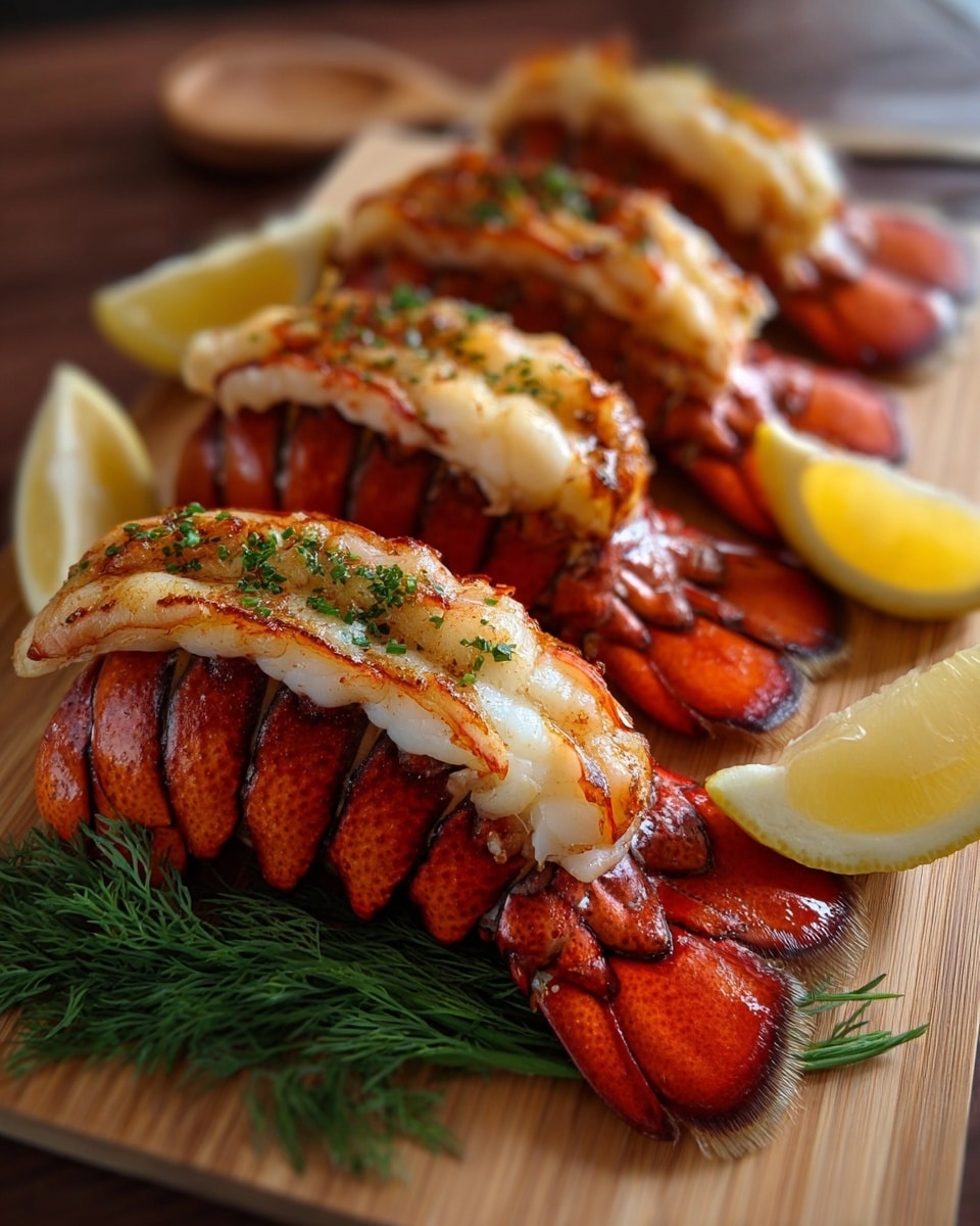 The image shows four lobster tails arranged in a single row on a wooden board. Each lobster tail has a bright red shell with a white, slightly browned grilled meat layer on top, sprinkled with green herbs. The lobster shells have a shiny, textured surface, and the meat looks juicy and tender. To the right side of the tails are lemon wedges, bright yellow and fresh-looking. Underneath the lobster tails, a small bunch of green dill adds color contrast. The background is softly blurred, highlighting the grilled lobster tails as the main focus. Photo taken with an iphone --ar 4:5 --v 7