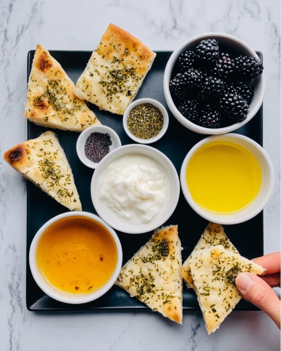 The image shows a black square plate on a white marbled surface, holding several triangular pieces of flatbread with a sprinkle of herbs on top, arranged around the edges of the plate. In the middle, there are five small white bowls containing different items: a bowl of golden orange sauce, a bowl of blackberries, a bowl of white salt mixed with black pepper, a bowl of bright yellow oil, and a bowl of thick white yogurt. A woman's finger is touching one piece of the flatbread near the lower right corner. Photo taken with an iphone --ar 4:5 --v 7