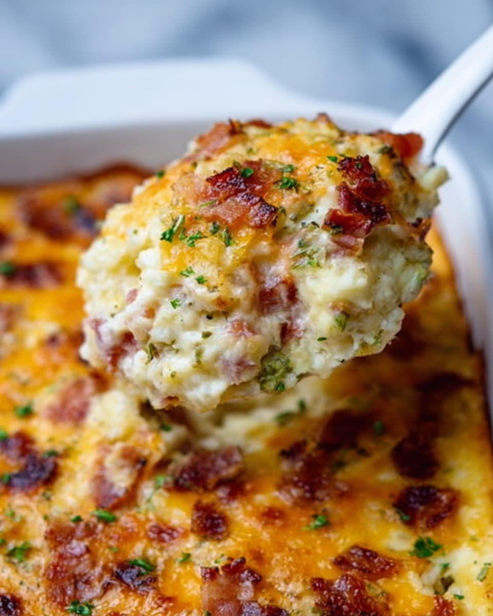 A close-up view of a white spoon lifting a scoop of creamy cheesy casserole with visible bits of browned sausage and green herbs sprinkled on top. The casserole in the white baking dish has a golden brown melted cheese layer with small browned spots, showing a moist, soft texture underneath with layers of slightly lumpy, creamy sauce mixed with cooked sausage pieces and small green herb bits.