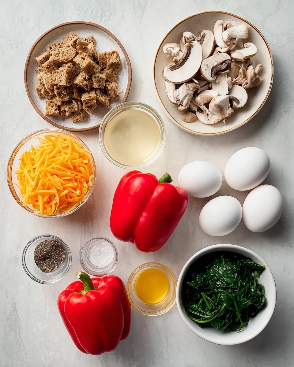 A neat arrangement of cooking ingredients is displayed on a white marbled surface, featuring raw sausage links placed in a white bowl to the top left, with a green bell pepper and a pile of whole mushrooms in a clear bowl nearby. Below, there is a white bowl holding three whole bell peppers in red, yellow, and orange, next to a smaller black bowl filled with sliced rings of red, orange, and green peppers. Additional small white bowls hold cloves of garlic, chili powder, and spices, while a larger clear bowl contains raw penne pasta. A clear measuring cup filled with broth sits near the bottom left, and a small metallic bowl on the right holds white ricotta cheese. A can of fire-roasted tomatoes with a red label stands prominently amid fresh green parsley leaves, completing the organized set of ingredients. photo taken with an iphone --ar 4:5 --v 7