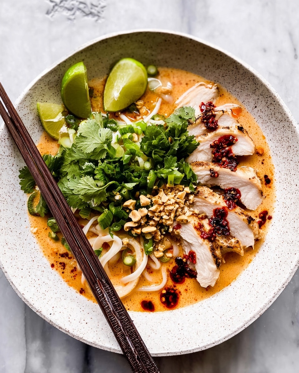 A white round bowl filled with creamy orange broth at the bottom, holding thick white noodles in the center. On top, there are four thick slices of light golden cooked chicken with red chili oil drizzled over them. Bright green cilantro leaves and sliced green onions sit beside the chicken, along with crushed peanuts and dark red chili paste scattered over everything. Three thin slices of lime rest at the top edge of the bowl. Two dark brown chopsticks are placed leaning on the left side of the bowl. The bowl is set on a white marbled surface. photo taken with an iphone --ar 4:5 --v 7