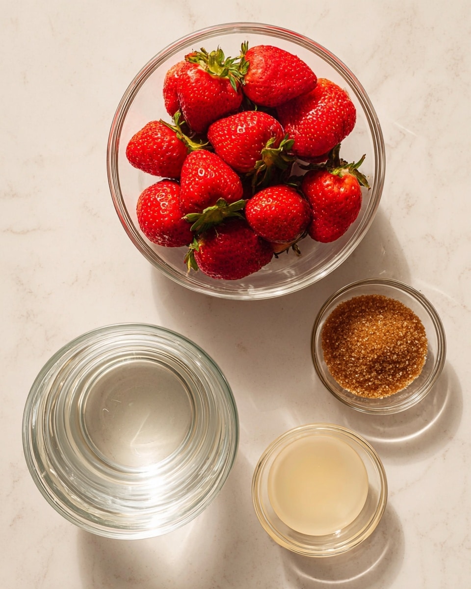 The image shows four clear glass bowls placed on a white marbled surface. The largest bowl in the bottom left is filled with bright red strawberries that have a shiny texture and green tops. Above this bowl is an empty clear glass bowl with a smooth surface reflecting the light. To the right of the empty bowl are two smaller clear glass bowls: the top one contains a light yellow liquid with a small floating piece, and the bottom one holds a pile of coarse brown sugar with a grainy texture. All bowls are simple and transparent, showing the contents clearly. Photo taken with an iphone --ar 4:5 --v 7