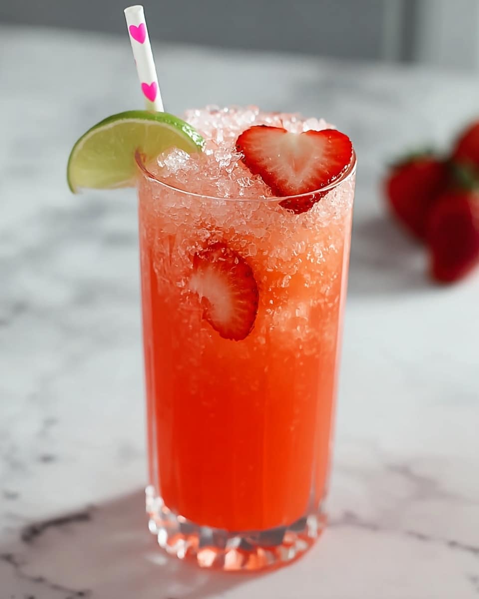 A clear tall glass filled with a bright red-orange drink topped with crushed ice. Two thin slices of strawberry are placed inside the glass near the top layer of ice, showing a light red color with white seeds. On the rim of the glass, there is a fresh green lime wedge positioned slightly to the right. A white straw with pink hearts sticks out from the top left side of the glass. The glass sits on a white marbled surface with two blurred strawberries in the background. photo taken with an iphone --ar 4:5 --v 7