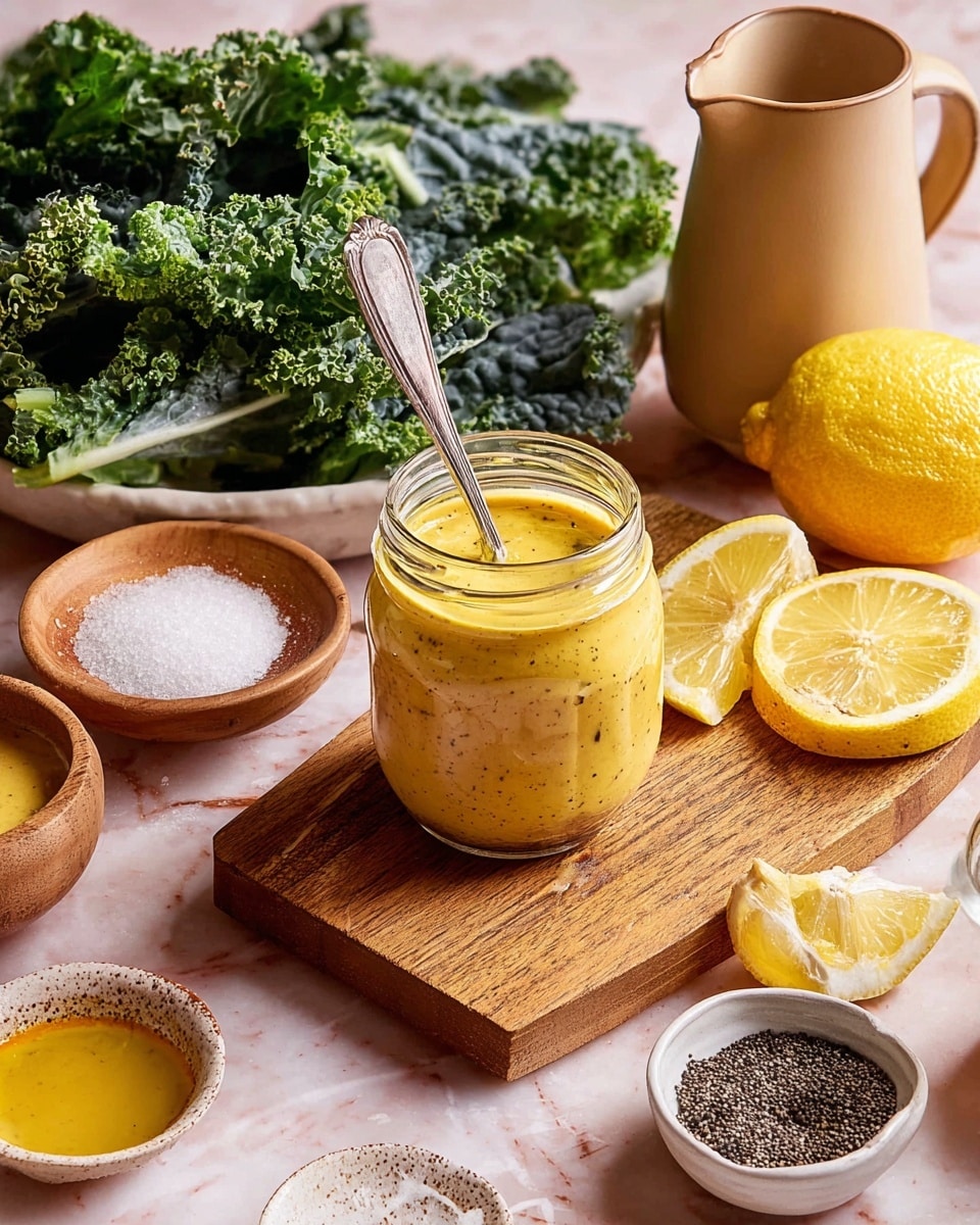 A clear glass jar filled with a yellow, grainy dressing sits in the center on a wooden cutting board. A silver spoon stands inside the jar. Around it, on the cutting board, are some lemon wedges and a small pile of coarse salt in a tiny bowl. Behind the jar are fresh green kale leaves with curly edges. The surface below is a soft, white marbled texture, with a white plate holding black pepper next to a small white bowl and a little beige pitcher. The scene is calm and bright. Photo taken with an iphone --ar 4:5 --v 7