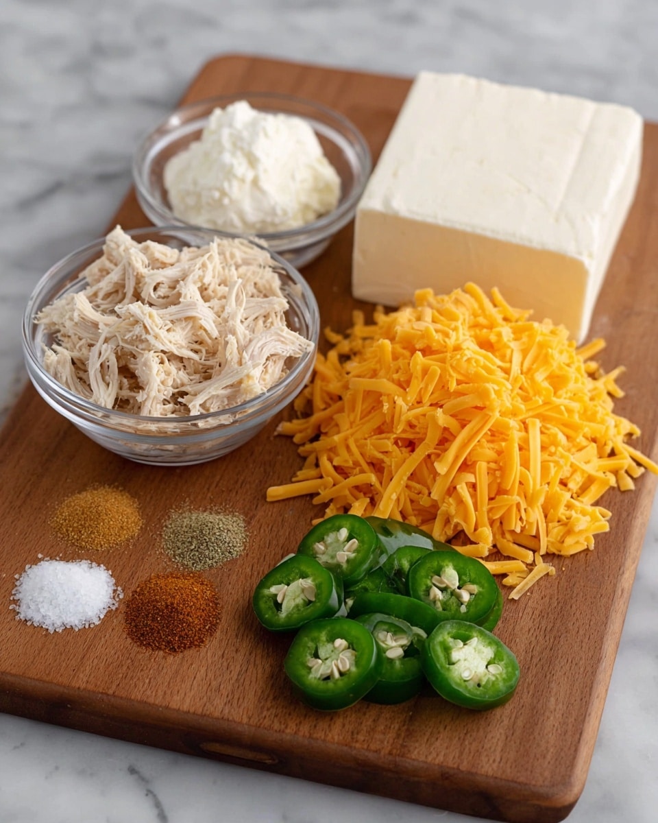 A wooden board holds several ingredients arranged neatly: on the left, a clear glass bowl filled with shredded beige chicken, next to it a small mound of white cream cheese, and a large block of cream cheese behind. To the right, there is a pile of bright orange shredded cheddar cheese. In front of the cheeses, there are green sliced rounds of jalapeno peppers with visible seeds. Along the bottom of the cutting board, three small piles of seasoning spices are placed—white salt, light brown ground cumin, and a darker brown chili powder. The scene is set on a white marbled surface. photo taken with an iphone --ar 4:5 --v 7