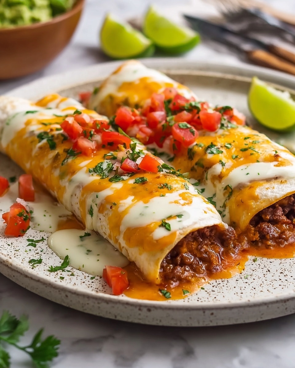 Two rolled tortillas filled with a mix of ground meat and small bits of vegetables sit side by side on a white speckled plate. Each tortilla is covered with a smooth, creamy white sauce that drips slightly onto the plate, topped with a glossy orange cheese sauce. Small diced red tomatoes and chopped green herbs are scattered across the top and a few pieces lie around the dish. The plate is set on a white marbled surface, with lime halves and a green salad bowl blurred in the background. photo taken with an iphone --ar 4:5 --v 7