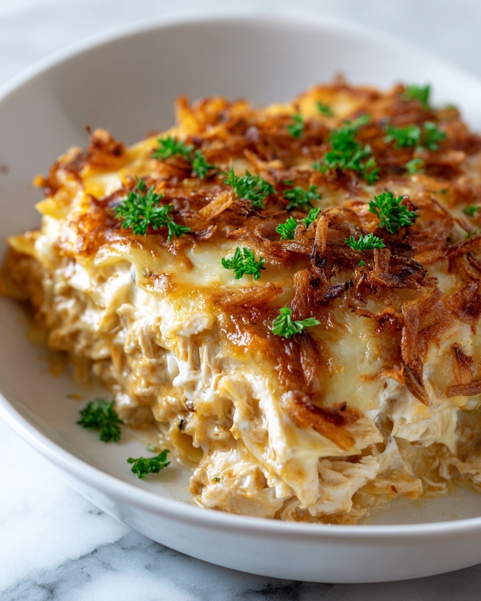 A close-up view of a white shallow bowl filled with a creamy pasta dish layered in three clear parts: the bottom layer shows soft, light yellow pasta strands mixed with tender chicken pieces; the middle layer is covered with melted golden cheese that glistens under the light; the top layer is a mix of crispy, browned fried onions spread unevenly, sprinkled with small green parsley pieces for color contrast. The bowl sits on a white marbled surface, enhancing the warm colors and textures of the food. Photo taken with an iphone --ar 4:5 --v 7