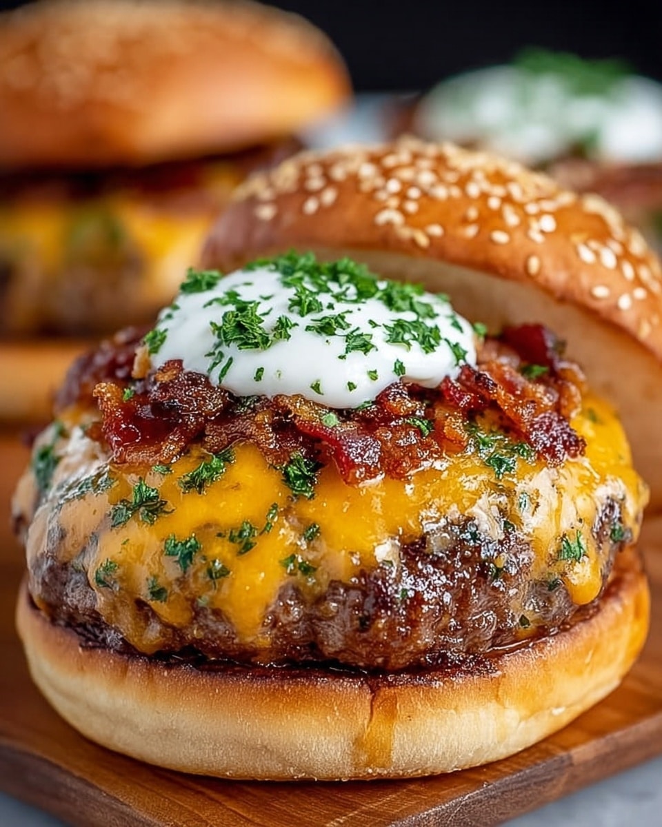 A close-up view of a thick grilled beef patty on a white sesame seed bun's bottom half, with melted bright orange cheddar cheese covering the patty and small crispy brown bacon bits spread over the cheese. On top of the bacon bits is a dollop of white sour cream sprinkled with finely chopped green parsley. The top half of the sesame seed bun is slightly tilted backward and blurred in the background, with another similar burger faintly visible behind. The burger rests on a wooden board with a white marbled background. photo taken with an iphone --ar 4:5 --v 7