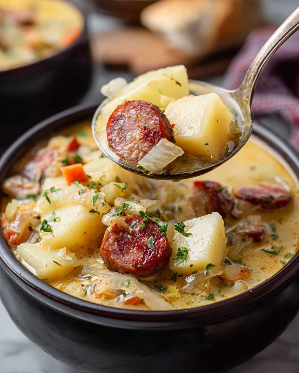 A close-up image shows a black bowl filled with a creamy soup that has several layers of chunky ingredients. The base layer is light yellowish creamy broth filled with thick, soft-looking chunks of potatoes in pale yellow color, slices of reddish-brown sausage, small pieces of white onion, and tiny bits of orange carrot. A ladle is lifting a spoonful of the soup above the bowl, showing a mix of all these layers in it. The soup is lightly sprinkled with chopped green herbs on top. The surface under the bowl is a white marbled texture and there is some bread blurred in the background. Photo taken with an iphone --ar 4:5 --v 7