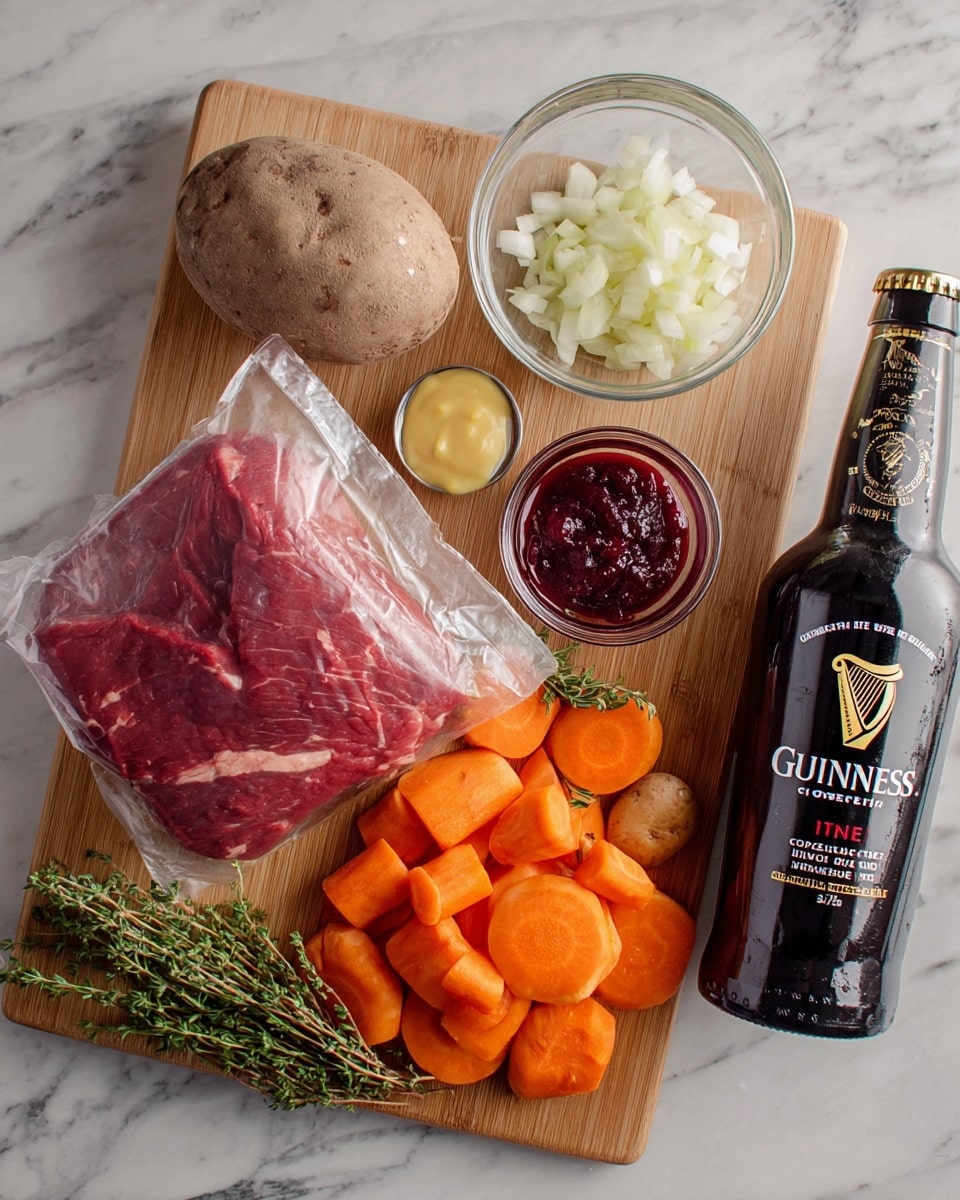A wooden board on a white marbled surface holds various ingredients: on the left, a vacuum-sealed piece of raw red meat with a large, rough-textured potato resting partly on top; to the right of the meat, a pile of bright orange carrot slices cut in half-moon shapes; above the carrots is a small clear bowl filled with a deep red paste; next to that, a silver spoon with a small dollop of yellow mustard rests on the board; a clear glass measuring cup filled with chopped white onion sits toward the top right; nearby lies a sprig of fresh rosemary and thyme with green leaves; and on the far right, there is a black glass bottle of Guinness draught stout with gold and white labeling. Photo taken with an iphone --ar 4:5 --v 7