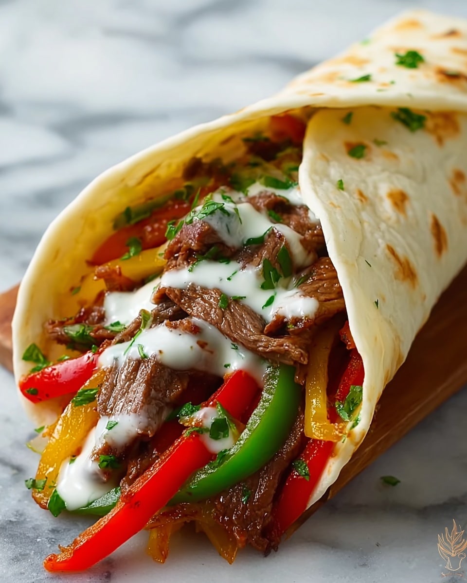 A white soft flat tortilla holds three main layers stacked inside: the first layer is thin strips of cooked beef with a browned, slightly juicy texture; the second layer consists of red, green, and yellow cooked bell pepper strips, vibrant and tender; the third layer is a smooth drizzle of white sauce spread unevenly over the top. Fresh chopped green cilantro leaves are scattered on all layers adding small pops of green color. The taco is shown on a white marbled surface, and a small part of a woman's hand is slightly visible holding the taco from the side. photo taken with an iphone --ar 4:5 --v 7