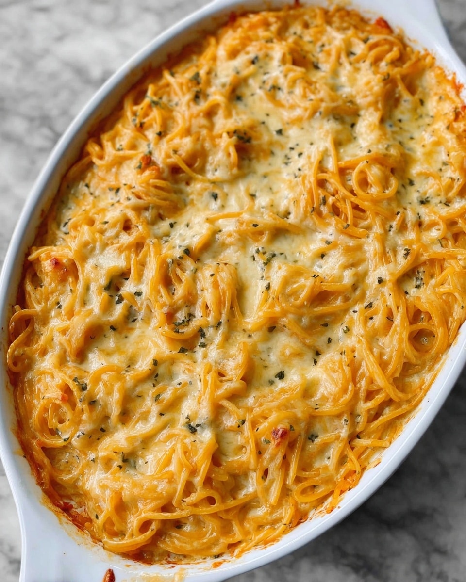 A white oval baking dish is filled with a single thick layer of baked spaghetti covered in creamy melted cheese. The cheese is golden-orange and white, tangled in strands with a slightly shiny texture. Small bits of herbs or seasoning are visible mixed into the spaghetti, giving it light green specks. The edges of the dish show the creamy sauce bubbling up against the sides. This scene is set on a white marbled surface. photo taken with an iphone --ar 4:5 --v 7