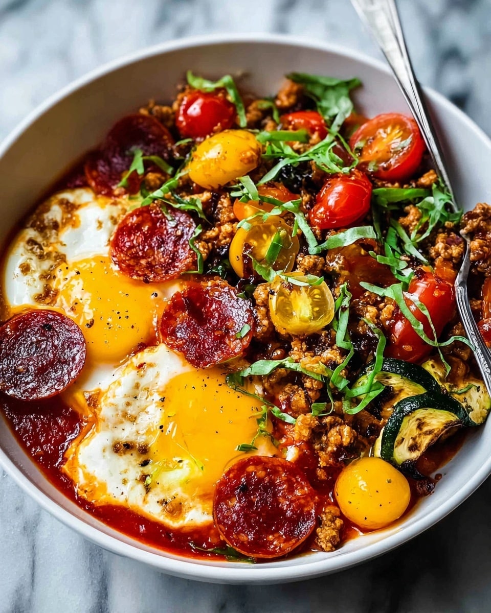 A white bowl filled with several layers of food: the bottom layer is rich red tomato sauce, topped with two fried eggs with white edges and bright yellow yolks, each egg covered partially with two round slices of pepperoni that have a glossy, slightly oily texture; scattered over the eggs and tomato sauce is cooked ground meat with a brown color and crumbly texture, mixed with small pieces of grilled green zucchini and halved red and yellow cherry tomatoes; fresh green parsley leaves or chives are sprinkled on top, adding a fresh contrast; a silver spoon rests inside the bowl on the right side, all placed on a white marbled surface photo taken with an iphone --ar 4:5 --v 7