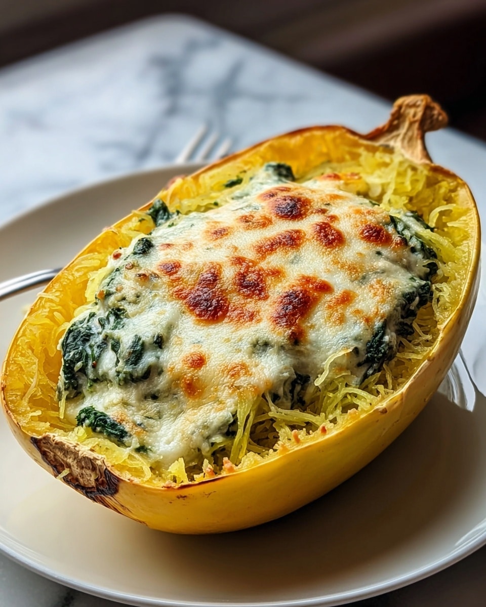 A halved yellow spaghetti squash serves as the base, showing its stringy yellow flesh inside. The squash is filled with a green spinach layer mixed with a white creamy texture. On top, there is a golden-brown melted cheese layer with bubbly and slightly browned spots scattered across. The squash sits on a white plate with a smooth surface, placed on a white marbled background. photo taken with an iphone --ar 4:5 --v 7