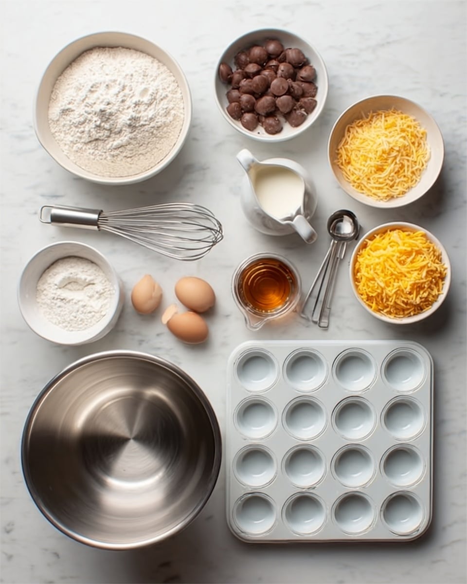 The image shows a clean white marble surface with cooking ingredients neatly arranged. There is a large silver mixing bowl in the bottom left corner and an empty white muffin tray with 12 cups to the right. Above and around these items are bowls and containers: a white bowl with flour, a smaller white bowl with round chocolate pieces, a small pitcher with milk, a bowl with shredded yellow cheese, two white eggs on a small white dish, some measuring spoons, and a small glass container with brown liquid. The light is soft and natural, showing clear details of each item. photo taken with an iphone --ar 4:5 --v 7