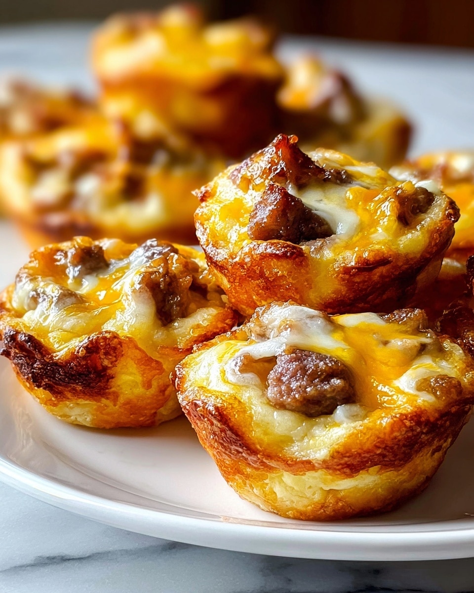 The image shows several mini muffin-shaped bites on a white plate with a white marbled surface beneath. Each muffin bite has a crispy, golden brown outer layer. The top layer is a mix of melted yellow and white cheese with chunks of browned meat embedded in it. The muffins are tightly packed and slightly glossy from the melted cheese. The focus is on the front muffin bites with the far ones softly blurred. Photo taken with an iphone --ar 4:5 --v 7