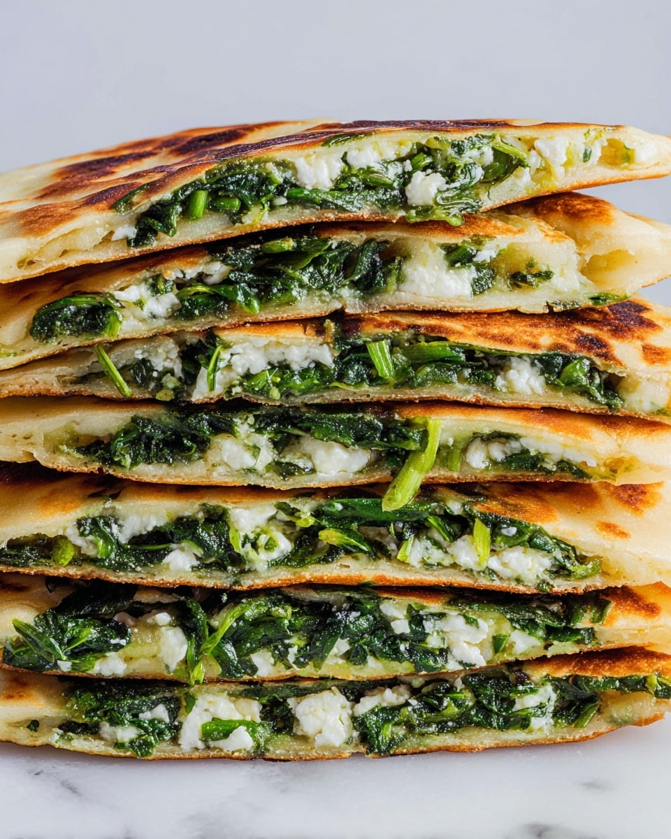 A close-up view of a stack of six layered flatbreads filled with bright green leafy spinach and white soft cheese. Each flatbread has a golden-brown crispy outer crust with a soft pale interior. The vibrant green spinach and crumbled white cheese layers are thick and evenly spread between each flatbread, showing a fresh and moist texture. The stack is set on a white marbled surface, highlighting the colors and the toasted finish of the flatbreads. photo taken with an iphone --ar 4:5 --v 7