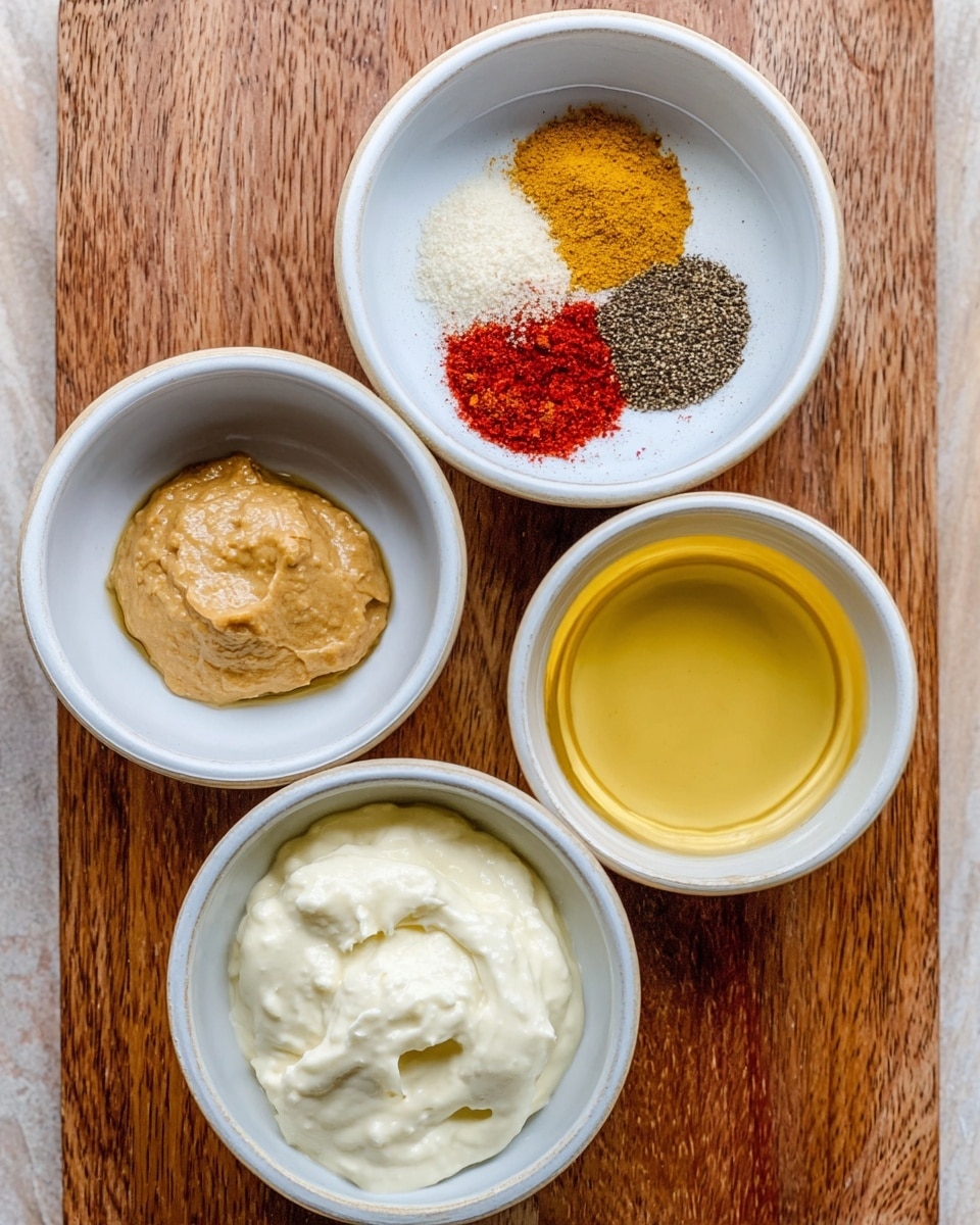 The image shows five white bowls placed on a wooden board. The top bowl contains a mix of spices with a bright red, light yellow, and black section all arranged in a circle. The bowl to the right of it holds a clear golden liquid that looks thick. Below it, another bowl is filled with a light yellow, smooth liquid. The bottom left bowl has a mix of yellow liquid and a thick brown paste. The last bowl, located on the left side, is filled with a thick, creamy white substance with a smooth texture. The photo taken with an iphone --ar 4:5 --v 7