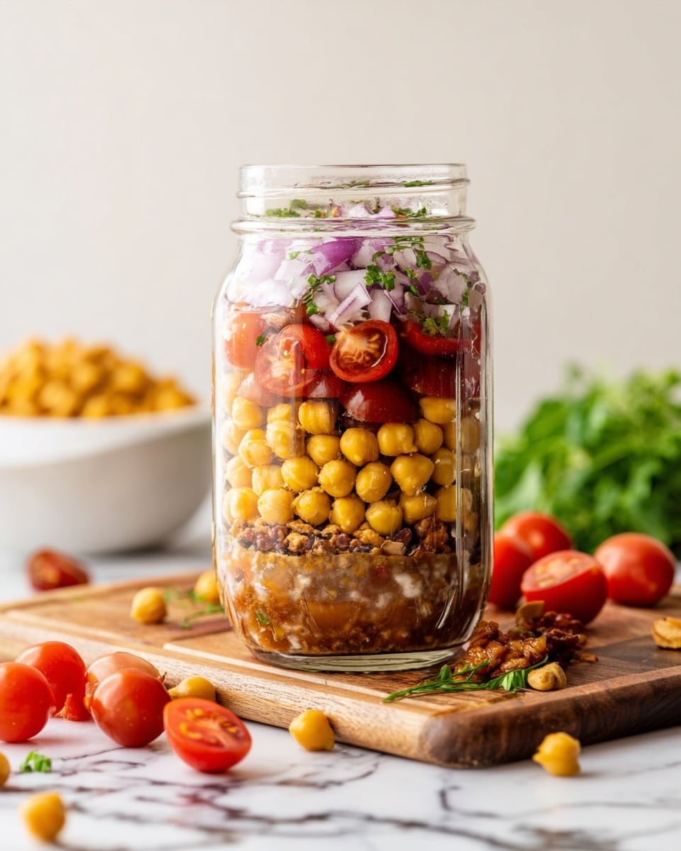 A clear glass jar filled with layered ingredients sits on a wooden board, placed on a white marbled surface. The bottom layer is a mix of chickpeas and a brownish dressing. On top of this is a thicker layer of whole chickpeas, bright yellow and round. Above them is a thin layer of finely chopped light purple onions. The top layer has halved red cherry tomatoes and some green herbs sprinkled, along with small pieces of a light brown nut. Around the jar, there are whole and halved cherry tomatoes, some green herbs on the wooden board, and a white bowl with more chickpeas in the blurred background.