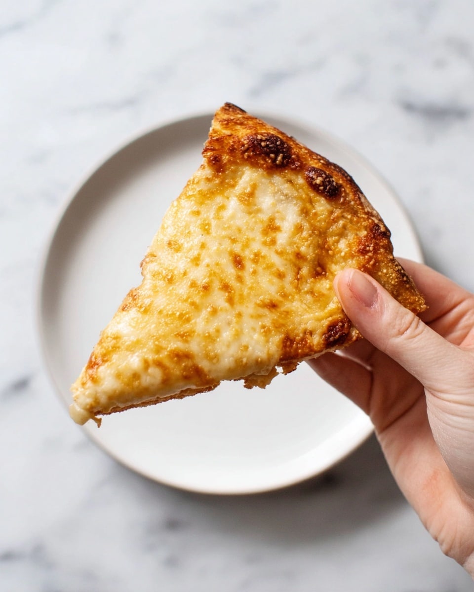 A slice of pizza with bubbly cheese and a thin, golden cauliflower crust.