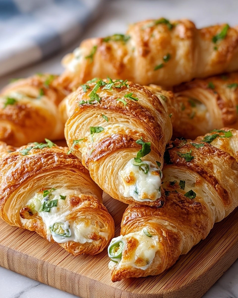 The image shows several golden-brown croissants with a flaky and crispy outer layer. Each croissant is twisted and filled with a creamy white cheese layer mixed with small bits of green jalapeño peppers and sprinkled with finely chopped green herbs on top. The croissants are arranged close together on a wooden board, placed on a white marbled surface with a soft and bright background. The light highlights the croissants' textured and puffed layers, with the cheese filling slightly melted and visible inside. photo taken with an iphone --ar 4:5 --v 7