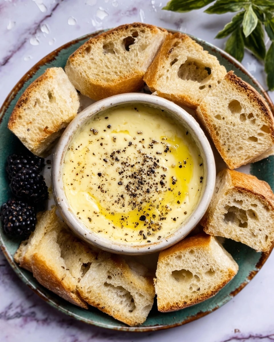 A dark plate with a round white bowl in the center holds creamy light yellow cheese sprinkled with black pepper. Around the bowl, there are several pieces of torn, light brown bread with visible air bubbles and a slightly rough texture, spread evenly in a circular pattern. The background is a white marbled surface with water droplets and a green plant at the top right corner. photo taken with an iphone --ar 4:5 --v 7