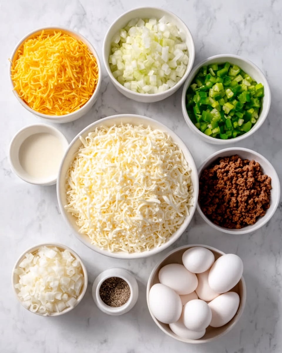 A white bowl filled with finely shredded white cheese at the bottom, placed on a white marbled surface. Above it, smaller white bowls are arranged: one with bright yellow shredded cheese, one with chopped white onions, one with chopped green bell peppers, a small one with a creamy white liquid, a small bowl with ground brown meat, and a bowl filled with several whole white eggs. A tiny white container with dark pepper sits near the bowls, creating a neat and colorful display of ingredients in different sizes and textures. photo taken with an iphone --ar 4:5 --v 7