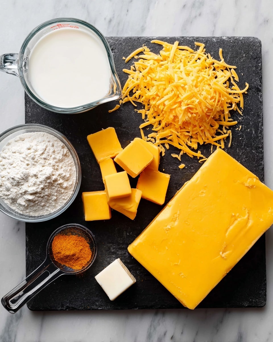 A black cutting board sits on a white marbled surface, holding several cooking ingredients arranged neatly. On the top right is a large block of bright yellow cheddar cheese with some shredded cheese scattered beside it. Next to the cheese are cubes of the same yellow cheese stacked in a small pile. Below the cheese cubes, there is a small square of white butter. A black measuring spoon filled with orange paprika powder lies diagonally below the butter. To the left, a glass measuring cup contains white milk, and above that, a small clear glass bowl is filled with white flour. The image is bright and clear, showing the texture of each ingredient well. photo taken with an iphone --ar 4:5 --v 7