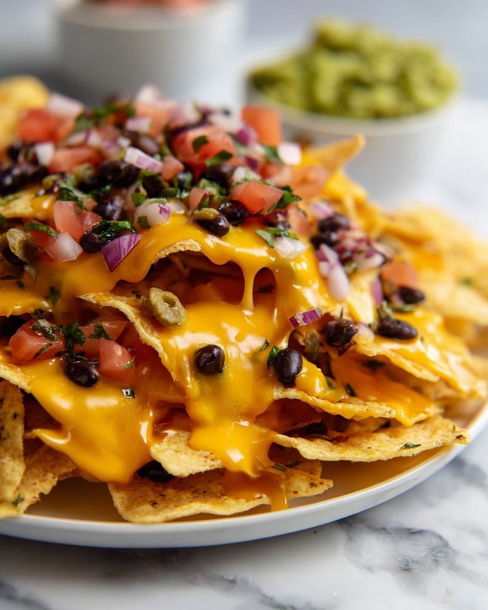 A white plate is filled with a pile of yellow tortilla chips, layered with melted orange cheese sauce that drips over the edges. On top of the cheese, there is a colorful mix of small diced tomatoes, black beans, white onion pieces, and green herbs, creating a fresh and textured topping spread unevenly across the chips. In the blurred background, the edge of a white bowl with green guacamole can be seen, all set on a white marbled surface. photo taken with an iphone --ar 4:5 --v 7