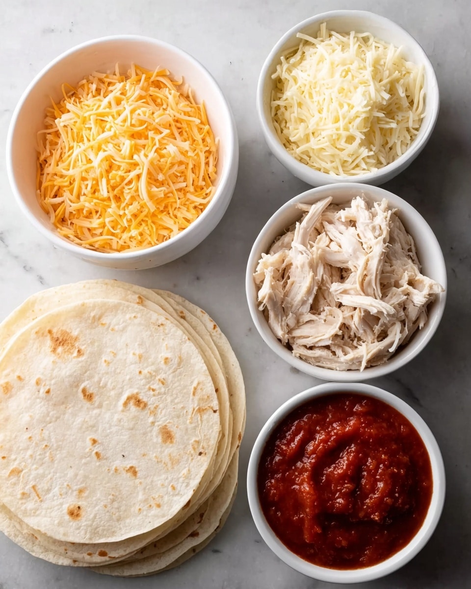The image shows five white bowls and a stack of tortillas on a white marbled surface. The top left bowl contains shredded orange and pale yellow cheese. The top right bowl holds shredded light brown chicken pieces. In the center is a smaller bowl filled with shredded white cheese. At the bottom right, a bowl is filled with thick red salsa. The tortillas are stacked in a neat pile on the left side. The colors are varied with the bright cheese, neutral chicken, deep red salsa, and pale tortillas photo taken with an iphone --ar 4:5 --v 7