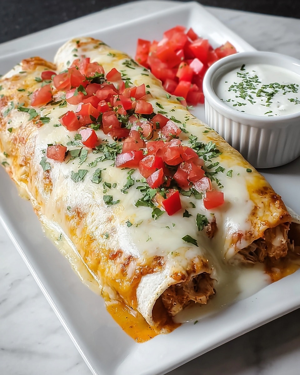 The dish shows two rolled tortillas filled with a chicken and tomato mixture, topped with a thick layer of melted white and yellow cheese that drips slightly over the edges. On top of the cheese, there are small diced red tomatoes and chopped green cilantro scattered evenly. To the side, there is a small white ramekin with white sour cream sprinkled with herbs, and a pile of extra diced red tomatoes. All of this is served on a white rectangular plate placed on a white marbled surface. photo taken with an iphone --ar 4:5 --v 7