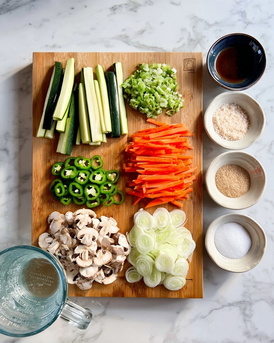 The image shows a wooden cutting board placed on a white marbled surface, holding six neat piles of fresh vegetables: thin green zucchini sticks on the top left, thin orange carrot sticks in the middle top, chopped green onions on the top right, sliced brown mushrooms on the bottom left, several round light green slices of jalapeño peppers in the middle bottom, and thinly sliced white onions on the bottom right. Around the cutting board are four small white bowls containing white powder, granulated brown sugar, and salt, plus a measuring cup filled with clear water on the left side. photo taken with an iphone --ar 4:5 --v 7