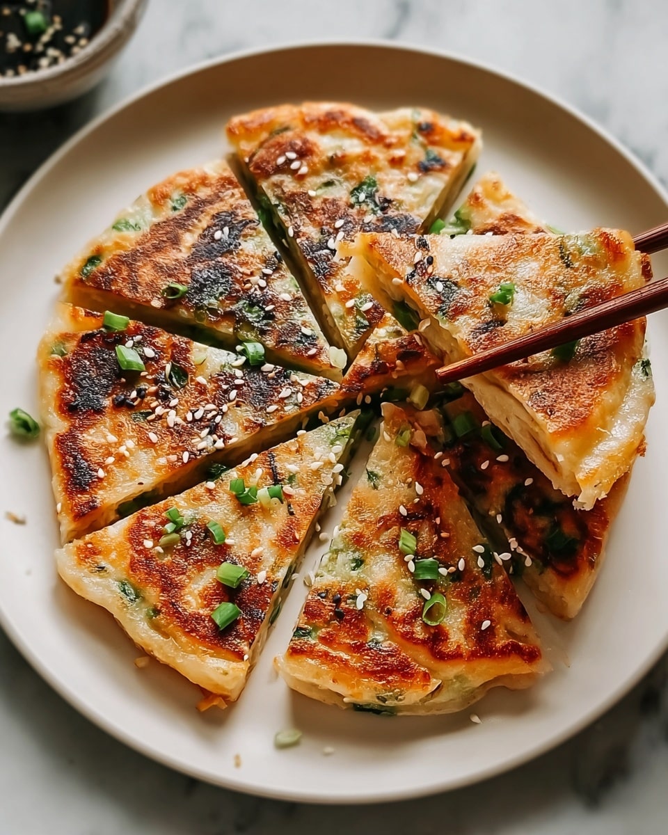 A round pancake broken into eight triangular slices sits on a white plate, each slice showing a crispy, golden-brown surface with some darker browned spots. The pancake has green onion pieces cooked inside and sprinkled on top, along with white and black sesame seeds scattered across the surface. One slice is held by wooden chopsticks, showing the soft, slightly translucent inner layers with visible green bits inside. The plate is placed on a white marbled surface. photo taken with an iphone --ar 4:5 --v 7