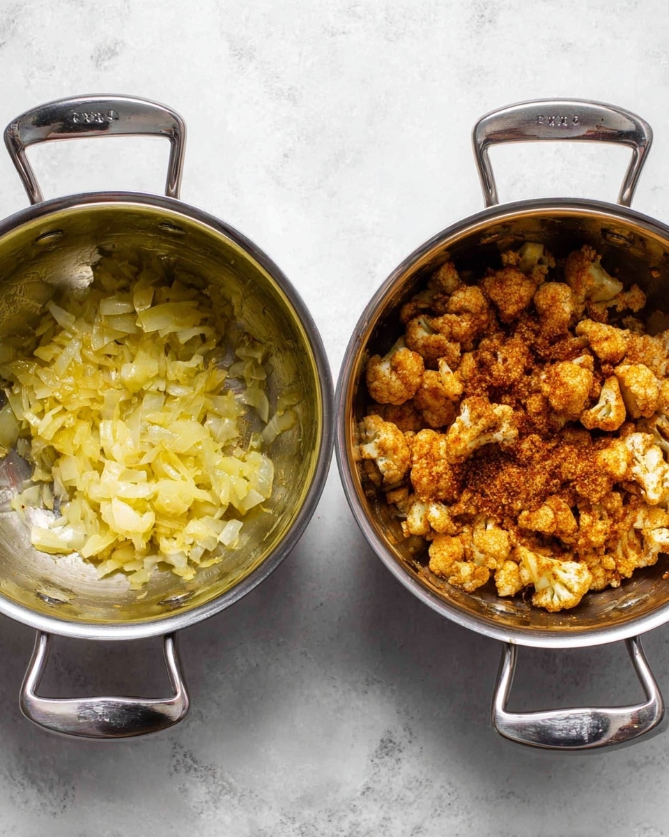 The image shows two shiny stainless steel pots side by side on a white marbled surface. The left pot contains one thin layer of finely chopped yellow onions that look soft and cooked, spread evenly on the bottom. The right pot has one layer of small cauliflower florets coated in a reddish-brown spice mix, filling about half of the pot. The pots have shiny metal handles, and the scene is bright and clear. Photo taken with an iphone --ar 4:5 --v 7