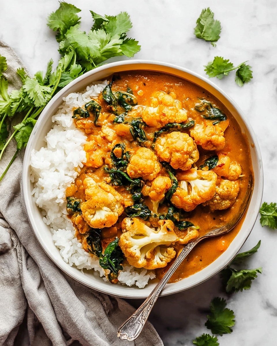 A white bowl filled with three layers: at the bottom, a layer of white rice with a soft, fluffy texture; next, a thick, orange-colored curry sauce with visible small vegetable pieces; on top, large cauliflower florets with a slightly golden hue mixed with dark green spinach leaves. A silver spoon rests inside the bowl on the right side, partially covered by the curry. The bowl sits on a white marbled surface, with a light gray cloth draped nearby and fresh green cilantro leaves scattered around. Photo taken with an iphone --ar 4:5 --v 7