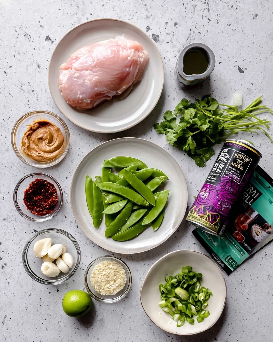 The image shows an overhead view of several ingredients on a white marbled surface. There are two white plates, one at the top with a large piece of pink raw chicken and the other at the bottom with fresh green snow peas arranged in two small clusters. Next to the chicken plate is a can of coconut milk in a purple and black design. Around these plates are small white and clear bowls with different items: a small white bowl with light brown peanut butter, a clear bowl with white chopped garlic, a clear bowl with a dark red chili paste, and a white bowl with sliced green scallions. There is also a lime placed next to the bottom plate, a small grayish container holding a dark liquid, a bunch of fresh green cilantro above the noodle packet, and a black and green packet labeled