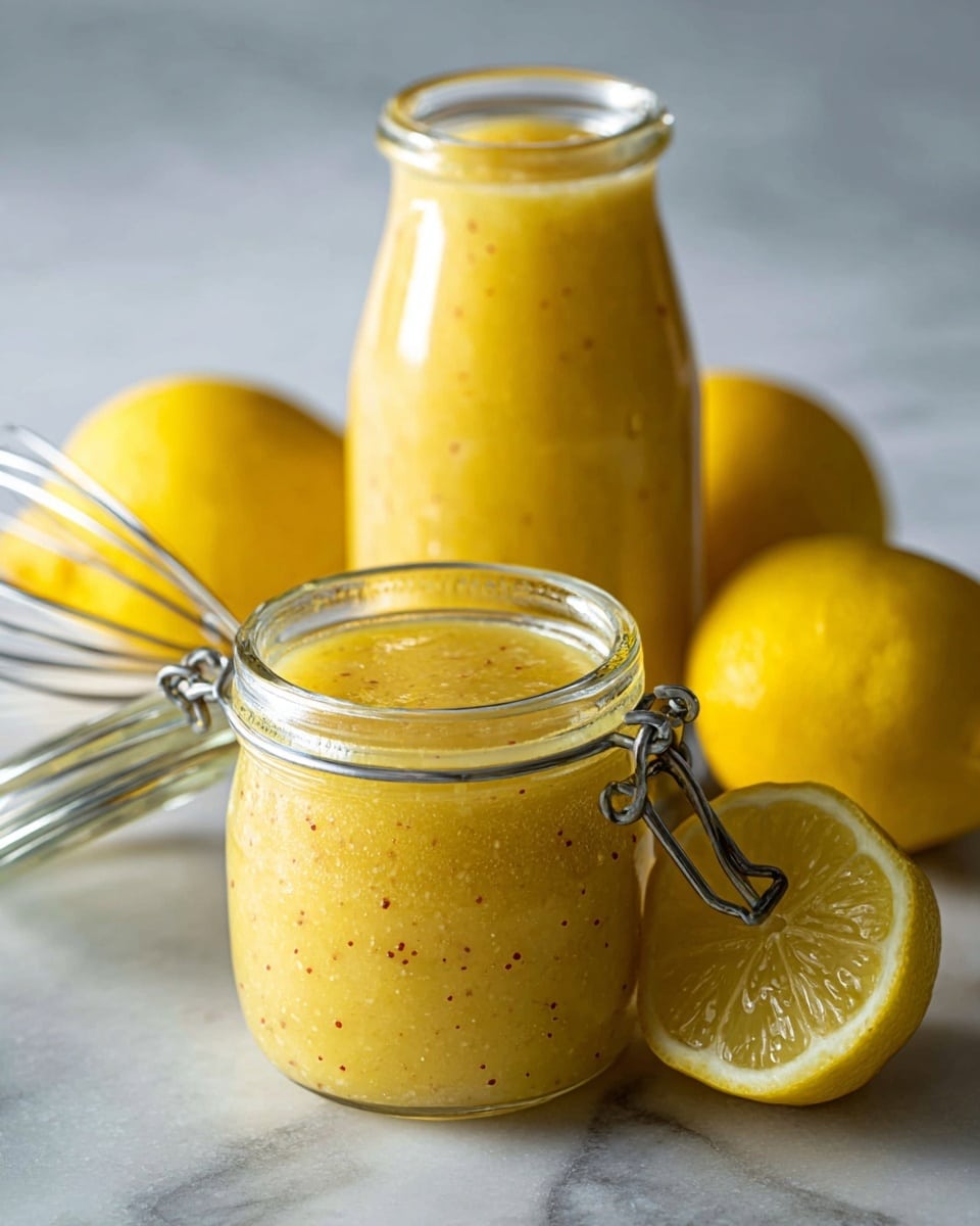 The image shows two clear glass jars filled with a thick, yellow sauce that has tiny brown specks inside. One jar has a silver metal lid open and resting to the side. The jars are placed on a white marbled surface. Around them are two whole bright yellow lemons and one lemon half with visible juicy sections. A small metal whisk is barely visible behind the jars, adding to the kitchen setting. The overall lighting is bright and natural, highlighting the smooth and slightly textured sauce inside the jars. Photo taken with an iphone --ar 4:5 --v 7