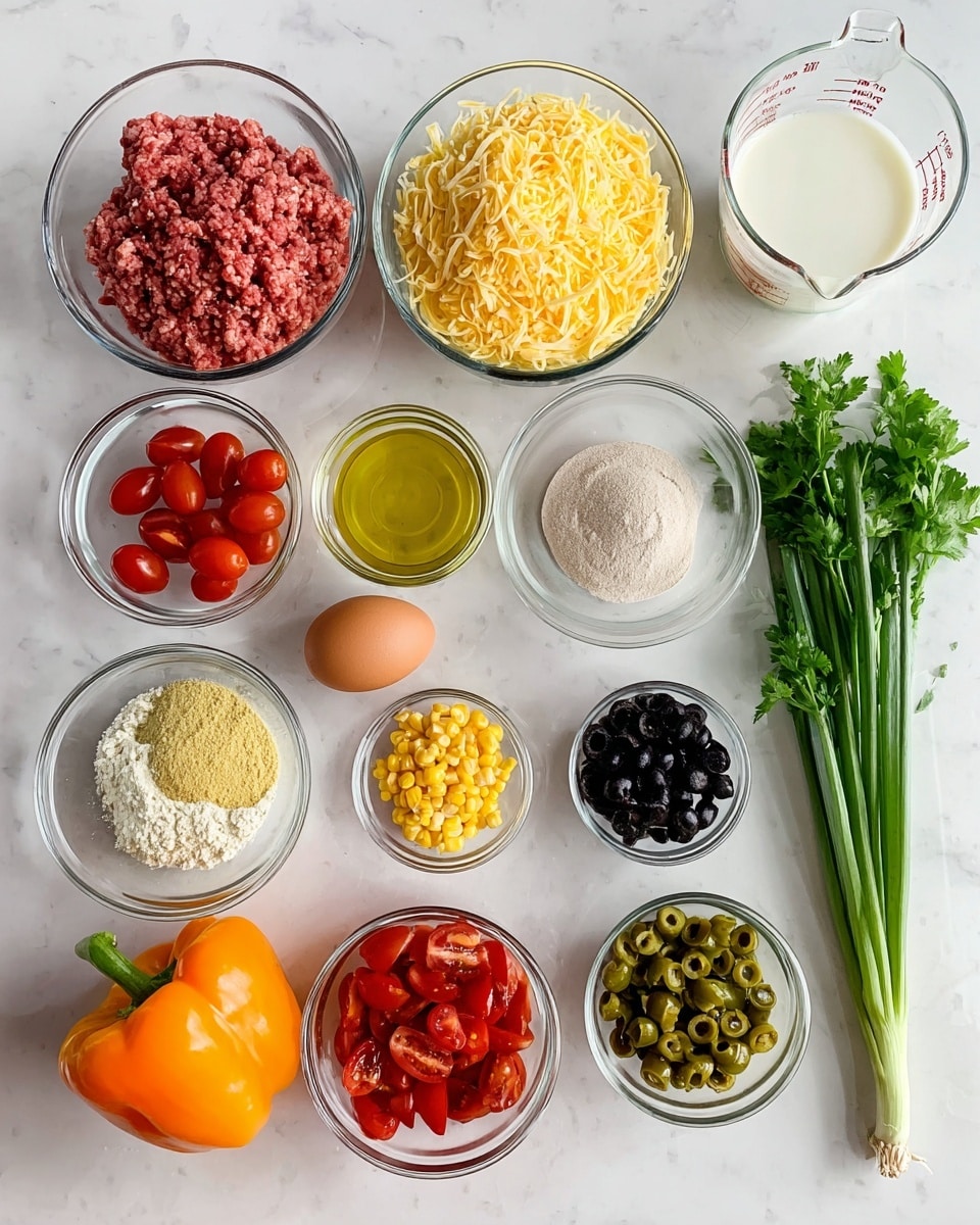 The image shows 12 clear glass bowls and items arranged neatly on a white marbled surface. From left to right and top to bottom, the first bowl holds raw ground meat with a pinkish-red color. Next to it is a bowl filled with shredded yellow cheese. Above and to the right of this bowl is a light brown egg, beside a glass bowl containing yellow olive oil, and to its right is a glass measuring cup with white liquid, likely milk or cream. Below the cheese and meat bowls are smaller bowls with spices in light brown powder, bright red grape tomatoes, yellow corn kernels, and sliced black olives. A half orange bell pepper lies beside three vibrant green onion stalks, along with a bunch of fresh green cilantro on the far right. The arrangement is orderly, and the glass bowls reveal the colorful ingredients inside. Photo taken with an iphone --ar 4:5 --v 7