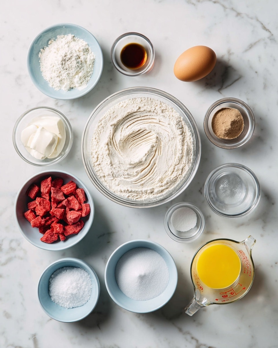 A top-down view of various ingredients in clear glass bowls arranged neatly on a white marbled surface. There are 11 bowls in total, including one large bowl filled with pale brown flour with small clumps, one large bowl with a mix of bright orange and white shredded cheese, one medium bowl with raw ground meat that is pink with hints of brown, and another medium bowl holding transparent liquid. Smaller bowls contain diced white onions, creamy light yellow mayonnaise, green chopped peppers, chunky yellow-green pickle relish, rich red chunks of tomatoes and red bell peppers, smooth white sour cream, small amount of golden olive oil, a coarse brown spice mix, a tiny bowl of red paprika powder, and a tiny bowl of white salt. The bowls are spaced apart showing the clean white marbled surface around them photo taken with an iphone --ar 4:5 --v 7