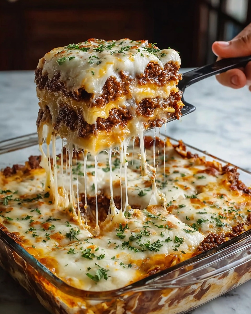A close-up of a square piece of lasagna being lifted from a glass pan by a spatula, showing three thick layers of melted cheese and browned minced meat in between, all covered with a shiny, golden layer of melted cheese on top. The middle layers are dense with crumbly brown meat, while the cheese stretches in long strings from the pan to the lifted piece. There are small green herb pieces scattered on the top layer, and the pan is sitting on a white marbled surface with a blurred background. photo taken with an iphone --ar 4:5 --v 7