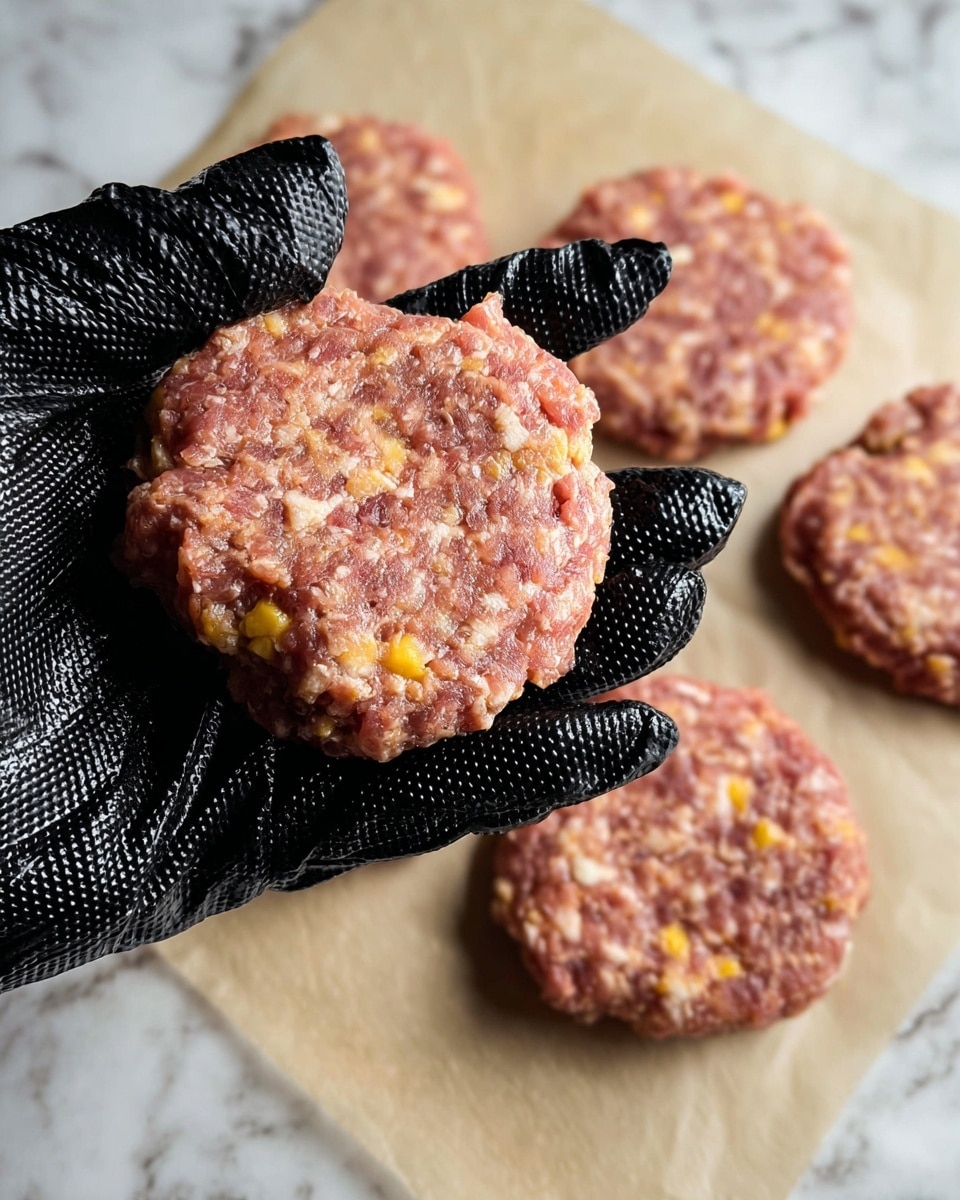 A black textured glove worn by a woman's hand holds a raw patty made of ground meat mixed with yellow cheese chunks, showing a rough, uneven surface and pinkish color. Below, several similar patties lie flat on parchment paper resting on a white marbled surface. The patties are round with some irregular edges and visible cheese pieces in each. Photo taken with an iphone --ar 4:5 --v 7