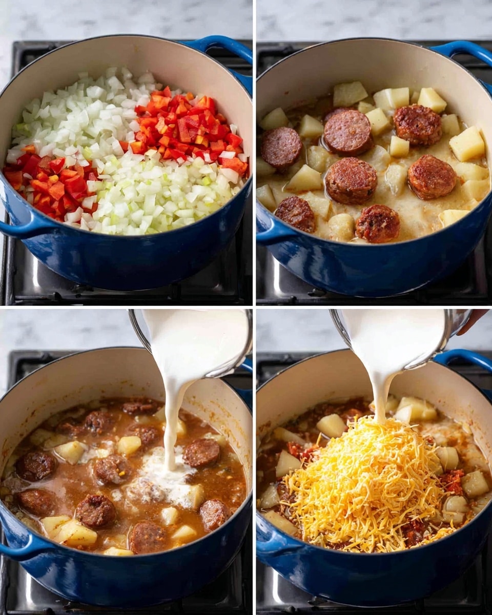 A large blue pot sits on a stove with food in different cooking stages shown in four images. The first image shows a mix of chopped white onions, red bell peppers, and celery on the bottom layer. The second image shows the same base now topped with several round slices of browned sausage cooking in a brown liquid. The third image shows creamy white liquid being poured over the sausage and vegetables, with chunks of potatoes visible in the brown stew. The fourth image shows the stew bubbling with sausage and potatoes, topped with a large mound of shredded yellow cheese melting on top. The background is a stove and the setting is a white marbled surface. photo taken with an iphone --ar 4:5 --v 7